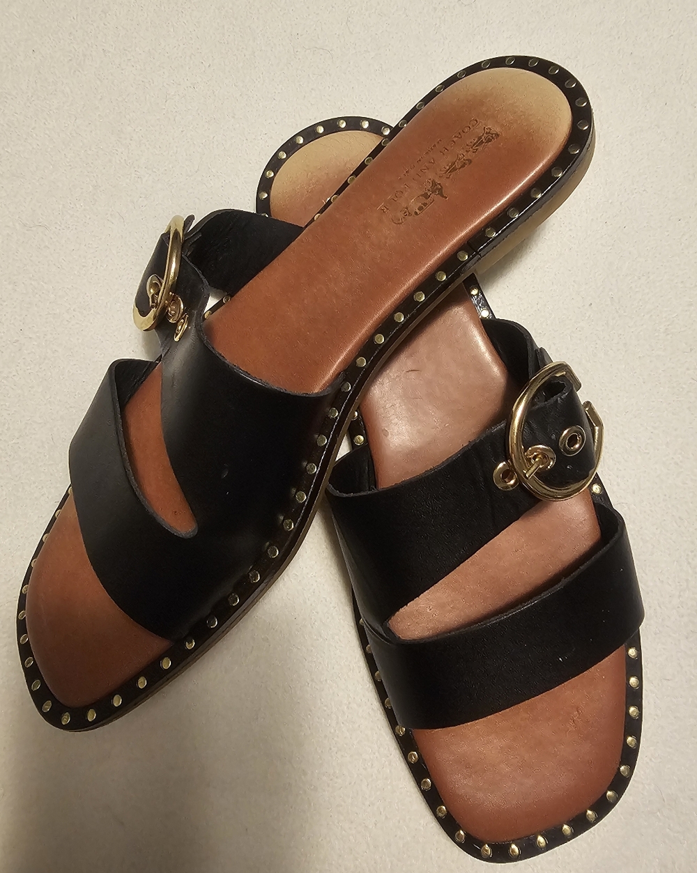 COACH AND FOUR Black Slide Womens Sandals with Gold Accents. SIZE 8.5 - Picture 12 of 14